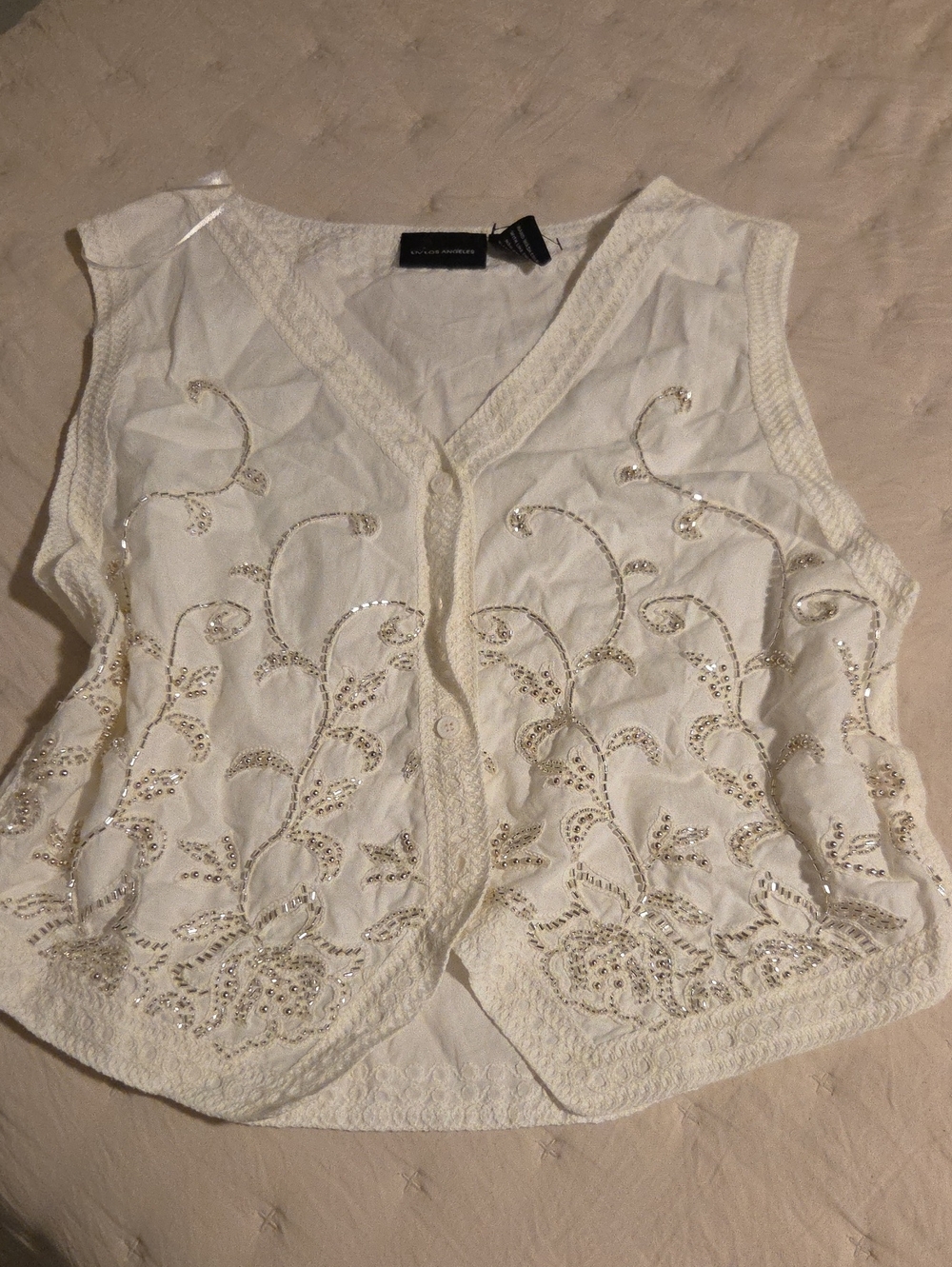 Embroidered Sequin V-Neck White Vest